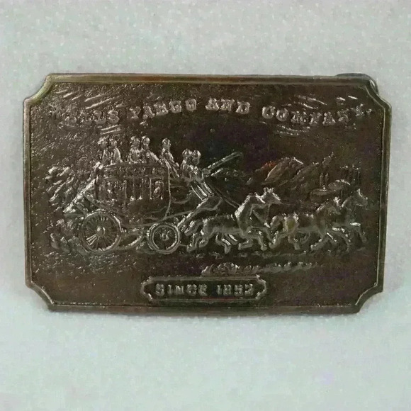 Vintage Belt Buckle Wells Fargo & Company 1852 Metal Western Style Horse Coach - Picture 2 of 12